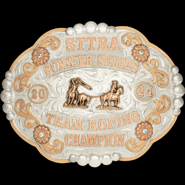 Kissimmee Belt Buckle, The Kissimmee custom belt buckle is sure to stand out at any rodeo! Crafted on a uniquely shaped base, this buckle is built with hand-engraved German Silve